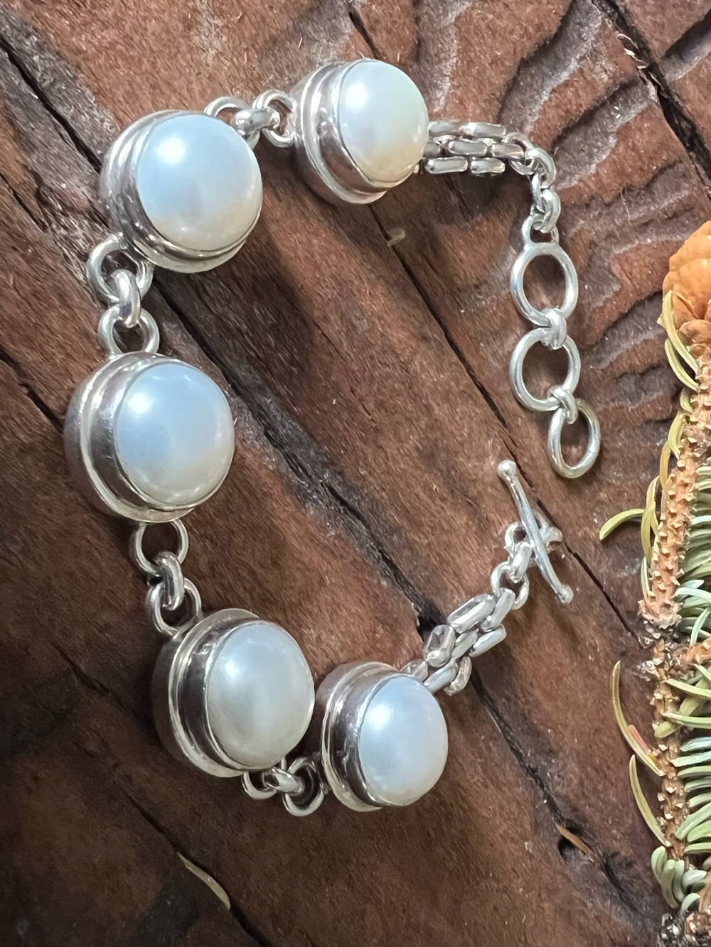 New Bali Sterling Silver 5 White Cultivated Pearl Bracelet  Link Bracelet L-XL